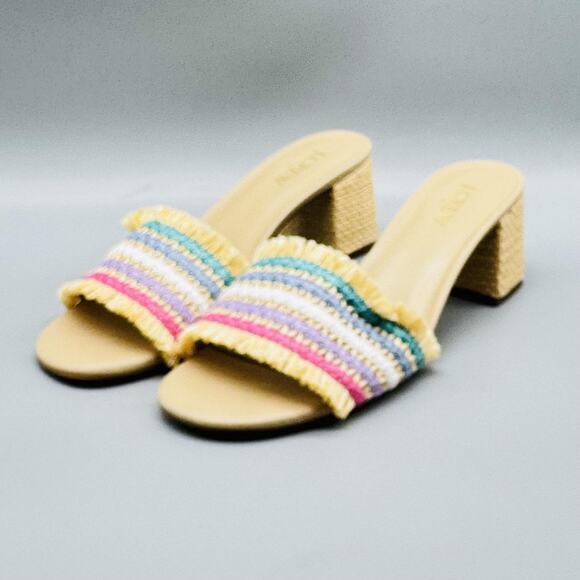 J Crew Sandals Womens 8.5 Beige Woven Slide Open Toe Block Heel Raffia Fringe - Picture 3 of 11